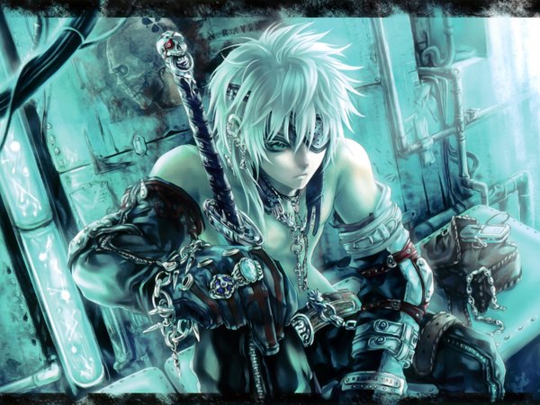 Anime picture 1600x1200 with original kuroba k single sitting white hair topless soldier boy gloves weapon sword elbow gloves bag ring eyepatch skull phone key