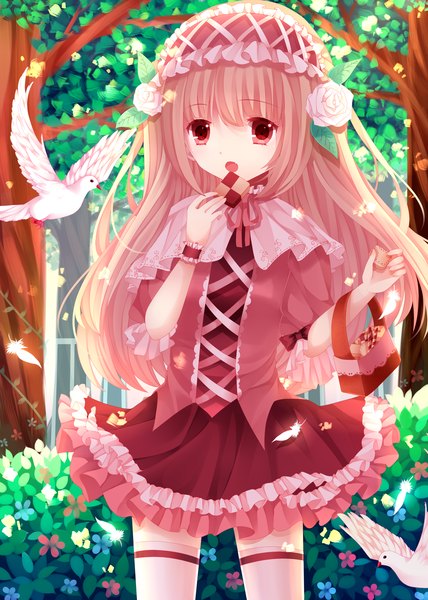 Anime picture 2551x3578 with moseley single tall image looking at viewer blush highres open mouth blonde hair red eyes hair flower eating girl thighhighs dress hair ornament flower (flowers) ribbon (ribbons) plant (plants) animal white thighhighs