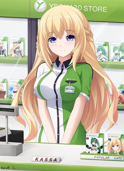 Anime picture 799x1100 with kantai collection choujigen game neptune bismarck battleship vert green heart vert's sister next green keenh single long hair tall image looking at viewer blush fringe breasts blue eyes blonde hair smile hair between eyes large breasts