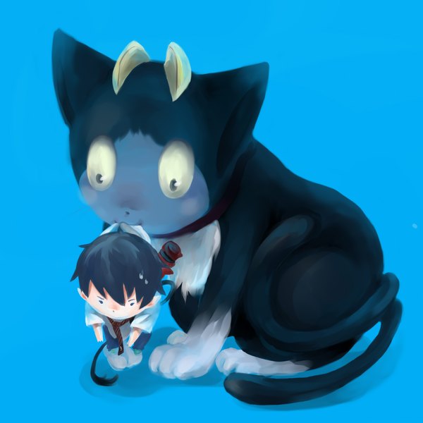 Anime picture 1771x1771 with ao no exorcist a-1 pictures okumura rin kuro (ao no exorcist) highres short hair simple background blue hair horn (horns) mouth hold blue background chibi boy animal necktie cat