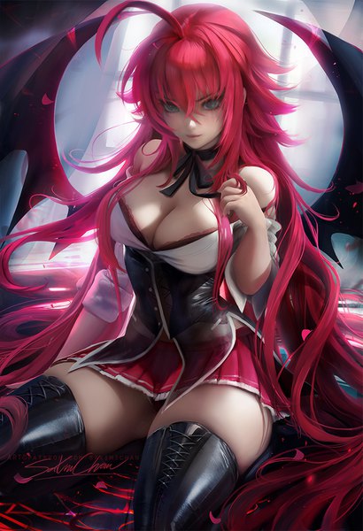 Anime picture 739x1080 with highschool dxd rias gremory sakimichan single tall image blush fringe breasts light erotic smile hair between eyes large breasts sitting bare shoulders green eyes signed cleavage ahoge red hair very long hair