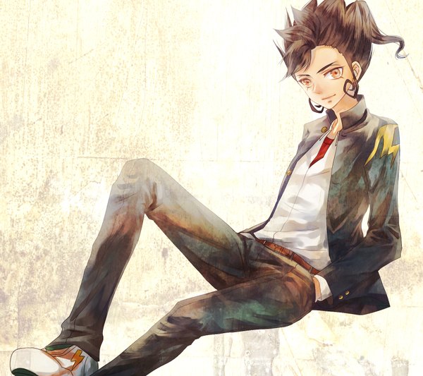 Anime picture 1638x1456 with inazuma eleven tsurugi kyosuke asano moi single looking at viewer short hair brown hair yellow eyes open collar hands in pockets spiked hair boy belt