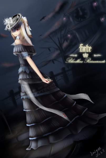 Anime picture 1944x2892 with fate (series) fate/zero type-moon artoria pendragon (all) saber wei ji tall image highres short hair blonde hair red eyes cloud (clouds) night girl dress hat blood bat