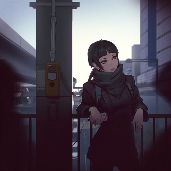 Anime picture 1080x1080 with original ilya kuvshinov fringe short hair black hair standing holding brown eyes payot looking away sky ahoge outdoors blunt bangs long sleeves parted lips lips solo focus makeup girl