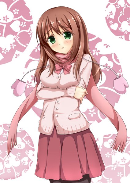 Anime picture 1000x1411 with saki matsumi yuu dekkai otoya single long hair tall image blush brown hair green eyes girl skirt miniskirt scarf sweater