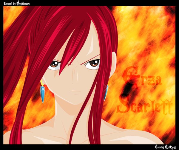 Anime picture 1281x1076 with fairy tail erza scarlet tamptamp single long hair simple background bare shoulders brown eyes red hair inscription coloring portrait girl earrings fire