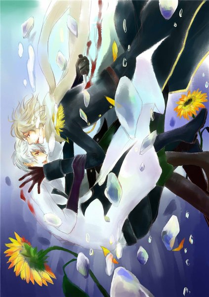 Anime picture 705x1000 with axis powers hetalia studio deen russia (hetalia) prussia (hetalia) tall image short hair blonde hair smile red eyes silver hair light smile grey hair multiple boys hug underwater face to face falling boy gloves flower (flowers)