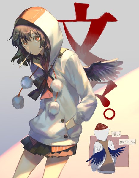 Anime picture 659x844 with touhou shameimaru aya yamakawa single tall image looking at viewer short hair black hair red eyes holding pleated skirt alternate costume mouth hold black wings girl skirt wings pom pom (clothes) pencil