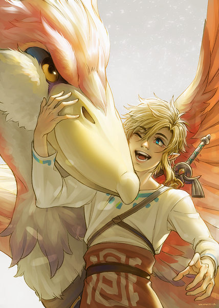 Anime picture 886x1242 with the legend of zelda nintendo link loftwing (legend of zelda) whispwill tall image fringe short hair open mouth blue eyes simple background blonde hair smile white background signed one eye closed aqua eyes pointy ears wink hair over one eye