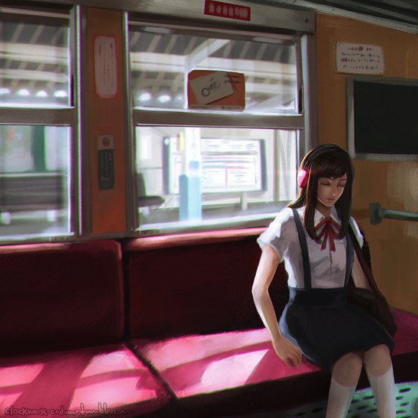 Anime picture 1024x1024 with koyoriin single long hair fringe brown hair sitting eyes closed lips shadow train interior girl uniform ribbon (ribbons) school uniform shirt socks white shirt headphones white socks bag