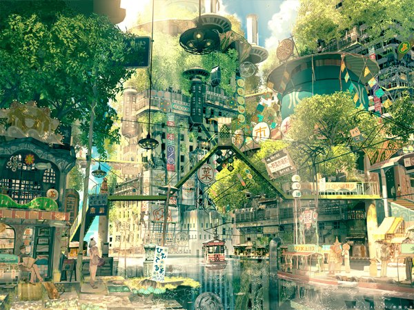 Anime picture 1024x768 with imperial boy standing sitting sky cloud (clouds) city reflection cityscape landscape plant (plants) tree (trees) water building (buildings)