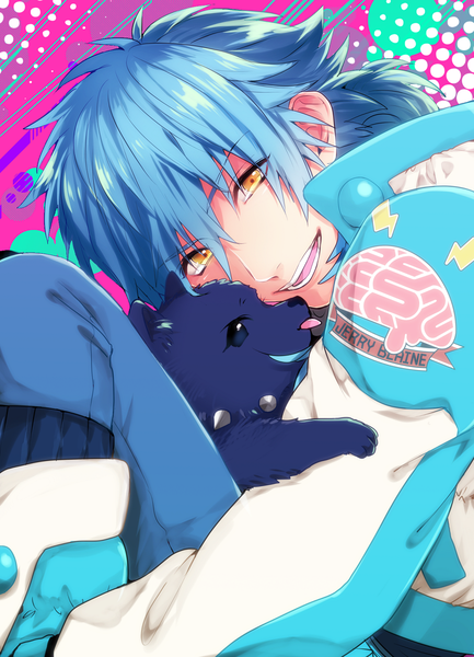 Anime picture 877x1214 with dramatical murder nitro+chiral aoba (dmmd) ren (dmmd) yuta arata long hair tall image looking at viewer fringe open mouth smile hair between eyes yellow eyes payot blue hair embryo's pose boy animal jacket knee boots