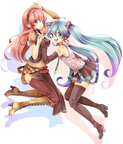 Anime picture 2893x3393 with vocaloid hatsune miku megurine luka rojiko long hair tall image highres open mouth blue eyes white background twintails bare shoulders multiple girls pink hair absurdres ahoge aqua hair holding hands girl skirt