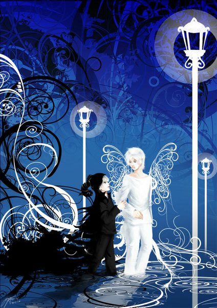 Anime picture 636x900 with original brilcrist tall image short hair standing green eyes white hair horn (horns) grey hair multiple boys holding hands blue background eye contact boy wings water hood 2 boys pants lantern