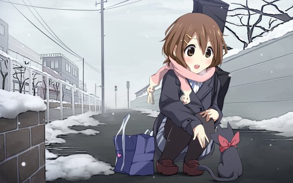 Anime picture 1920x1200 with k-on! kyoto animation hirasawa yui kamera-ya highres short hair open mouth brown hair wide image brown eyes outstretched arm winter snow girl bow animal cat bag