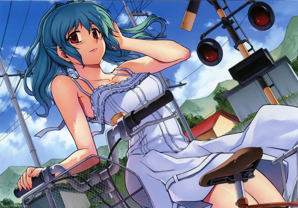 Anime picture 9528x6683 with freezing cassie lockheart kim kwang hyun single long hair blush highres red eyes blue hair absurdres scan official art girl dress sundress ground vehicle bicycle