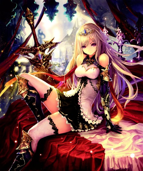 Anime picture 3653x4367 with shingeki no bahamut tachikawa mushimaro (bimo) single long hair tall image looking at viewer highres blonde hair purple eyes bare shoulders absurdres scan arm support girl thighhighs dress gloves weapon white thighhighs sword
