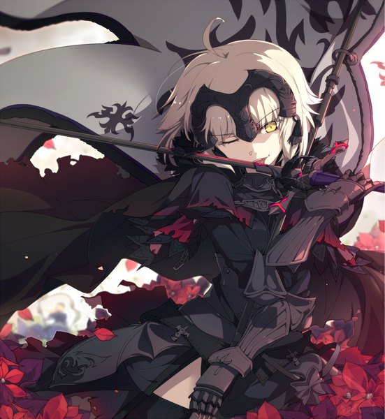 Anime picture 1010x1100 with fate (series) fate/grand order fate/apocrypha jeanne d'arc (fate) (all) jeanne d'arc alter (fate) ogipote single tall image looking at viewer fringe short hair blonde hair smile standing holding yellow eyes ahoge parted lips one eye closed depth of field