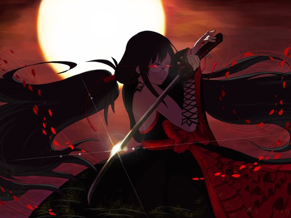 Anime picture 1280x960 with blood c production i.g kisaragi saya single long hair looking at viewer black hair red eyes twintails evening sunset girl dress weapon petals sword glasses katana