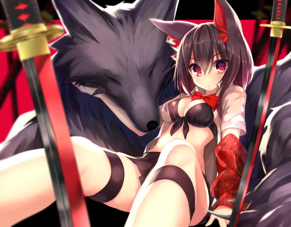 Anime picture 1008x787 with original asaki yukiko nekoboshi sakko single long hair looking at viewer blush fringe light erotic simple background hair between eyes red eyes brown hair sitting animal ears cleavage blurry open shirt depth of field fox ears