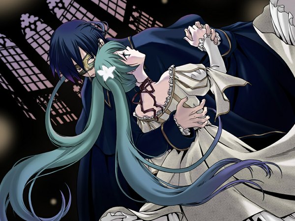 Anime picture 1024x768 with vocaloid cantarella (vocaloid) hatsune miku kaito (vocaloid) long hair short hair blue eyes twintails blue hair aqua eyes aqua hair girl dress cape mask