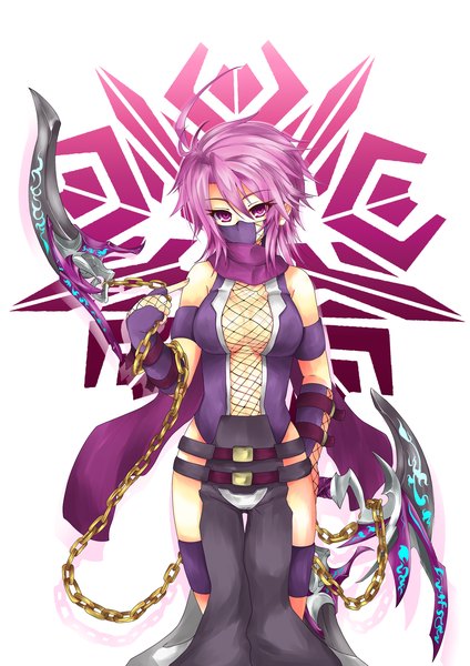 Anime picture 1447x2046 with original hisenkaede single tall image looking at viewer short hair breasts light erotic simple background standing purple eyes purple hair ahoge girl weapon belt chain