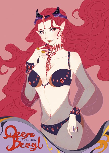 Anime picture 800x1122 with bishoujo senshi sailor moon toei animation queen beryl soudwrong single long hair tall image light erotic simple background red eyes standing bare shoulders looking away red hair very long hair horn (horns) fingernails lips pointy ears bare belly