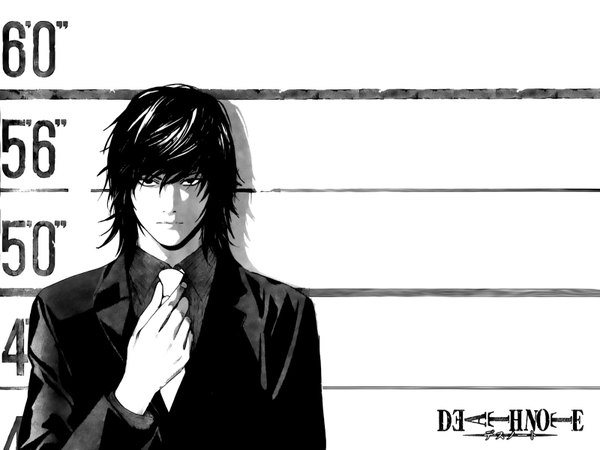 Anime picture 1600x1200 with death note madhouse mikami teru single black hair grey background monochrome boy costume