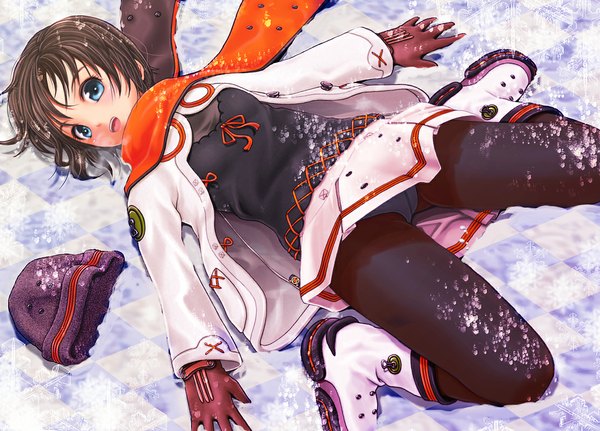 Anime picture 1112x800 with original v-mag single looking at viewer blush short hair open mouth blue eyes light erotic black hair sitting lying :d black eyes open clothes open jacket on back pantyshot wariza snowing