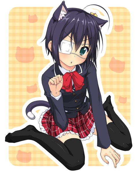 Anime picture 1280x1600 with chuunibyou demo koi ga shitai! kyoto animation takanashi rikka k10k single tall image blush short hair blue eyes black hair animal ears cat ears cat girl cat tail zettai ryouiki girl thighhighs skirt uniform black thighhighs