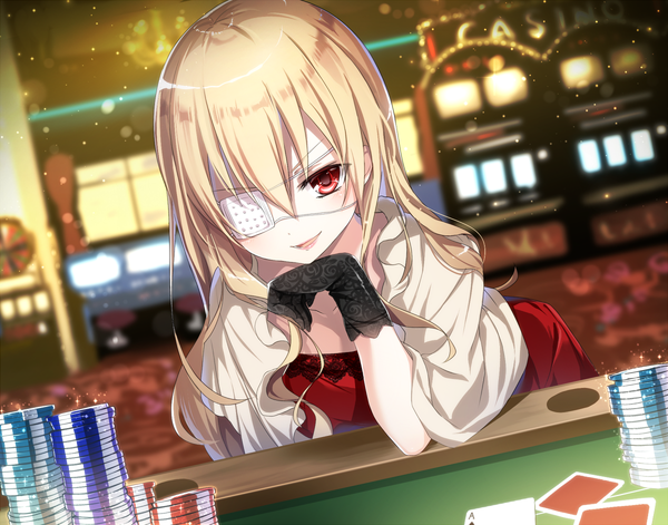 Anime picture 1200x942 with higyaku no noel noel cerquetti emia (castilla) single long hair looking at viewer blush fringe open mouth blonde hair smile hair between eyes red eyes indoors blurry leaning dutch angle depth of field leaning forward light
