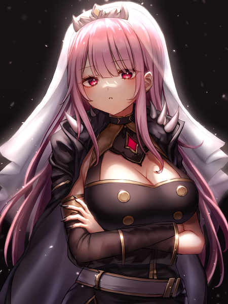 Anime picture 2048x2732 with virtual youtuber hololive hololive english mori calliope mori calliope (1st costume) waramori fuzuka single long hair tall image highres breasts simple background red eyes large breasts pink hair cleavage upper body nail polish fingernails black background