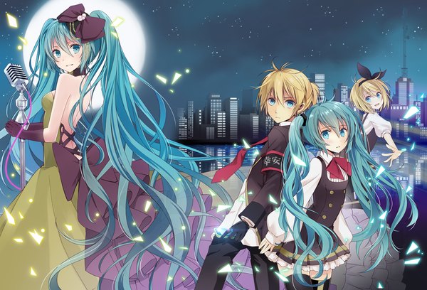 Anime picture 1000x681 with vocaloid hatsune miku kagamine rin kagamine len wogura long hair looking at viewer short hair blonde hair twintails multiple girls looking back aqua eyes light smile aqua hair cityscape girl dress boy necktie