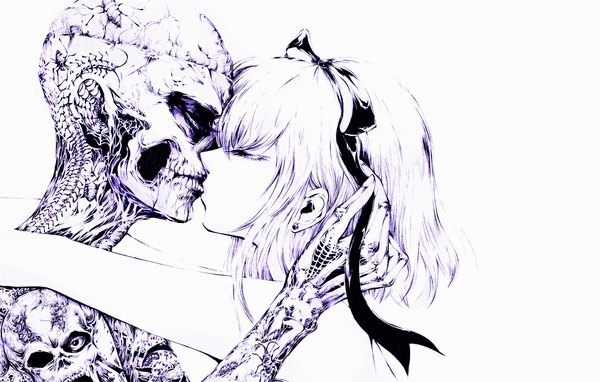 Anime picture 1000x637 with original charmal (pixiv) short hair simple background white background eyes closed tattoo couple hug monochrome kiss skeleton girl ribbon (ribbons) hair ribbon earrings