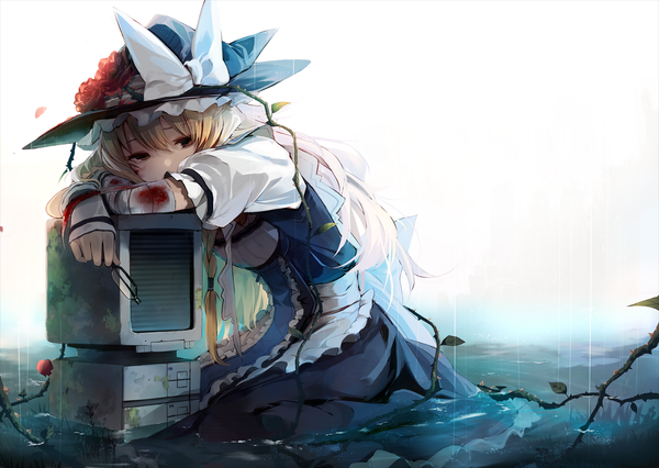 Anime picture 1275x906 with touhou kirisame marisa eho (icbm) single long hair looking at viewer blonde hair brown eyes partially submerged girl dress flower (flowers) plant (plants) hat water glasses blood bandage (bandages) computer vines