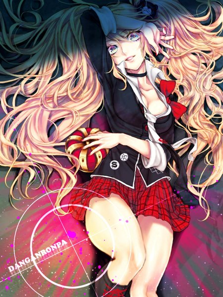 Anime picture 768x1024 with dangan ronpa enoshima junko iria (yumeirokingyo) single long hair tall image looking at viewer blush open mouth blue eyes blonde hair smile twintails cleavage lips open clothes on back open shirt legs girl