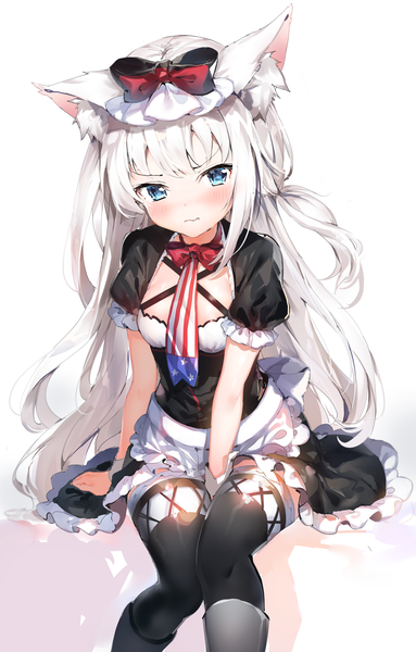 Anime picture 2835x4440 with azur lane hammann (azur lane) umibouzu (niito) single long hair tall image looking at viewer blush fringe highres breasts blue eyes simple background white background sitting animal ears payot silver hair cat ears arm support