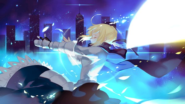 Anime picture 1200x675 with fate (series) fate/stay night type-moon artoria pendragon (all) saber joseph lee single short hair blonde hair wide image eyes closed night hair bun (hair buns) city girl ribbon (ribbons) hair ribbon petals building (buildings) armored dress