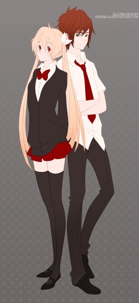 Anime picture 800x1736 with original nebeskaa long hair tall image short hair blonde hair smile red eyes brown hair standing twintails looking away very long hair pleated skirt looking back grey background grey eyes couple crossed arms hands behind back