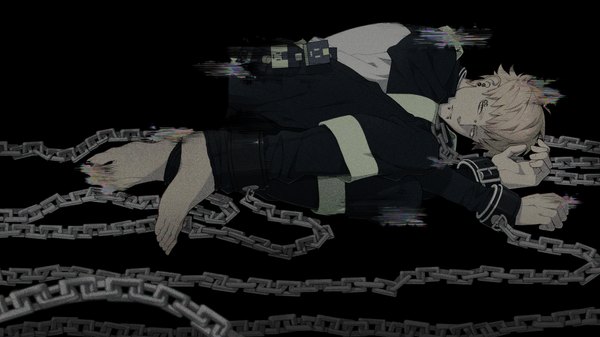 Anime picture 2048x1152 with dramatical murder nitro+chiral noiz (dmmd) honya lala single highres short hair blonde hair simple background wide image lying barefoot piercing black background boy chain