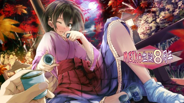 Anime picture 1920x1080 with vocaloid meiko daidou (demitasse) blush highres short hair open mouth black hair wide image brown eyes traditional clothes one eye closed wink girl socks leaf (leaves) white socks alcohol sake tokkuri
