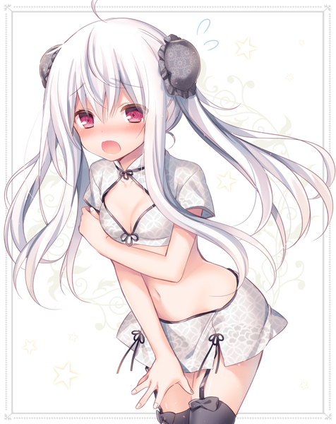 Anime picture 830x1047 with original kasako (kasu) komeshiro kasu single long hair tall image looking at viewer blush fringe breasts open mouth simple background red eyes white background twintails cleavage ahoge white hair open clothes bare belly