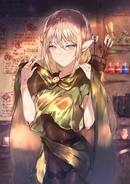 Anime picture 2150x3035 with original hplay (kyoshinou) single long hair tall image looking at viewer fringe highres light erotic blonde hair hair between eyes upper body pointy ears depth of field elf white eyes girl cape bodysuit arrow (arrows)