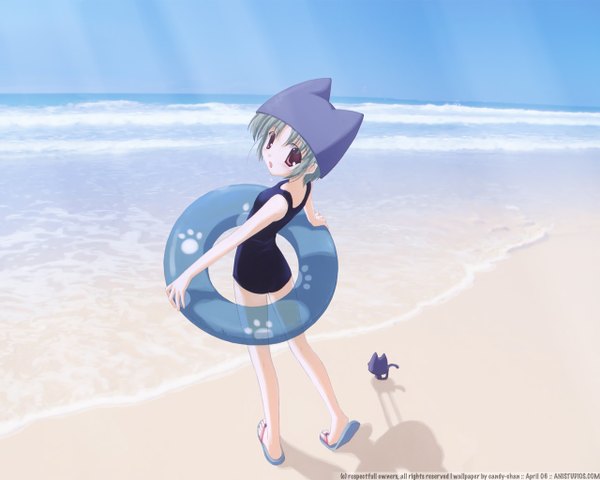 Anime picture 1280x1024 with nanao naru looking at viewer standing holding brown eyes sky full body grey hair sunlight shadow beach horizon surprised girl swimsuit animal sea cat one-piece swimsuit swim ring