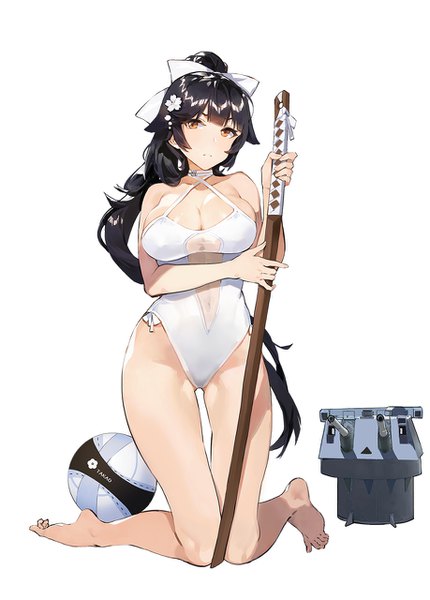 Anime picture 918x1280 with azur lane takao (azur lane) takao (beach rhapsody) (azur lane) kishiyo single long hair tall image fringe breasts light erotic black hair simple background large breasts white background looking away cleavage full body blunt bangs barefoot hair flower