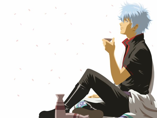 Anime picture 1024x768 with gintama sunrise (studio) sakata gintoki single short hair simple background smile red eyes white background sitting silver hair cherry blossoms drinking curly hair boy petals boots knee boots bottle alcohol