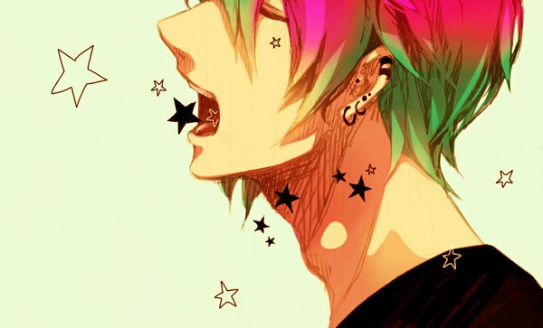Anime picture 1000x606 with original koori ichi single short hair open mouth simple background wide image pink hair eyes closed profile multicolored hair green hair piercing face green background boy earrings star (symbol) jewelry