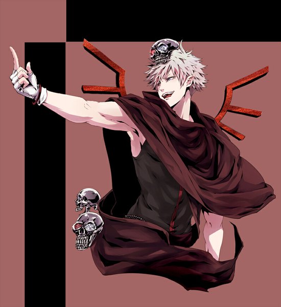 Anime picture 797x870 with uta no prince-sama a-1 pictures kurosaki ranmaru meromizawa (artist) single tall image short hair simple background smile red eyes looking away pointy ears grey hair grey eyes sleeveless outstretched arm black background red background multicolored eyes boy