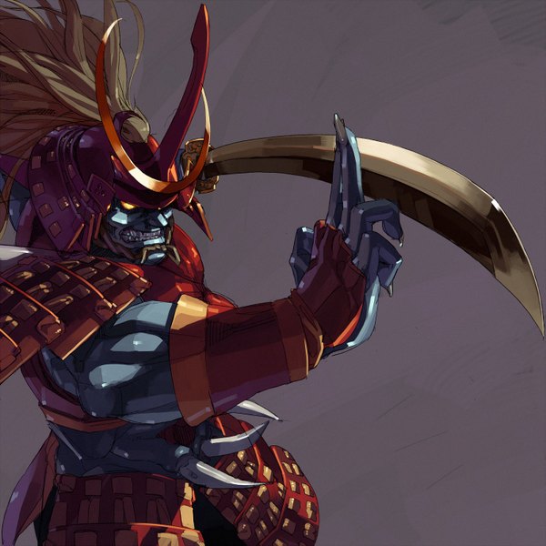 Anime picture 1485x1485 with vampire / darkstalkers (game) bishamon shihou (g-o-s) simple background grin warrior samurai sword armor katana helmet