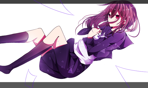 Anime picture 2000x1191 with kagerou project shaft (studio) tateyama ayano kinozakiria single long hair highres brown hair wide image purple eyes no shoes hand on chest letterboxed transparent background girl skirt uniform school uniform shirt socks